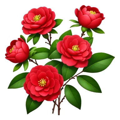 bouquet Red Camellia, luxuriant, stem, leaf, bud sticker