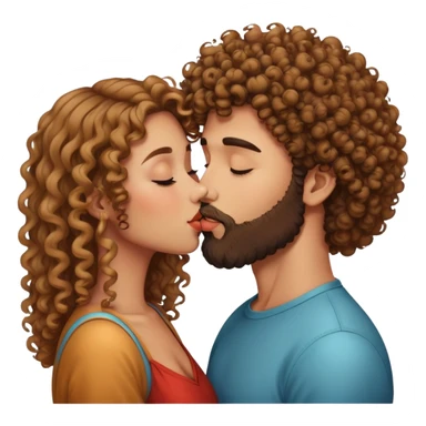 Curly haired girl kissing straight hair man with beard, romantic couple kiss sticker