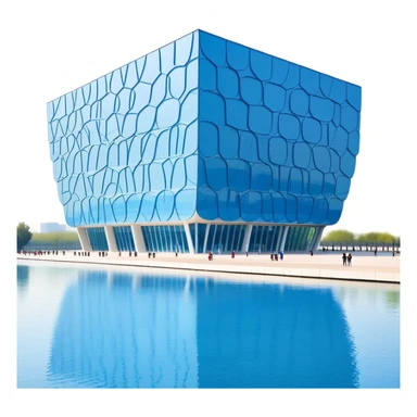 Beijing Water Cube National Aquatics Center blue bubbled building, simplified emoji style with bold outlines and bright colors, cartoon style modern structure sticker