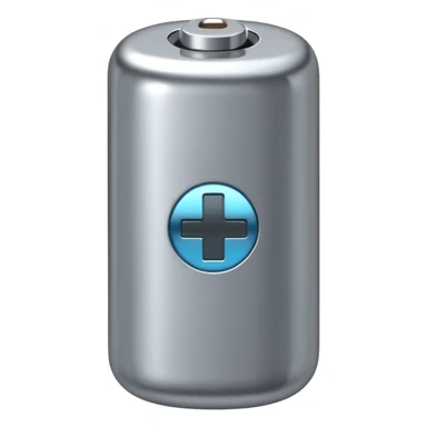 A battery emoji made of silver chrome, smooth rounded shape, minimal futuristic design, glossy metallic finish, soft reflections, iOS emoji style, centered on clean white background sticker