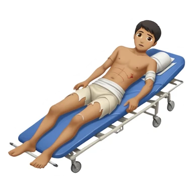 a man of oriental appearance, dressed in torn clothes, full length, in a prone position, with injuries on a medical stretcher, 1980 sticker