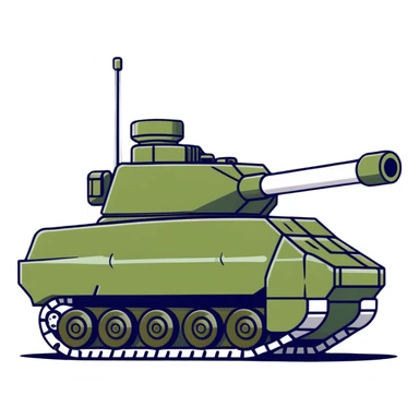 Military tank with camouflage pattern and large cannon sticker
