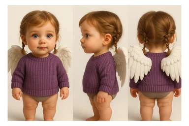 3D realistic game concept art of a cute baby girl, golden brown hair in little braids, charming blue eyes, wearing a cute purple knit sweater, with angel wings on her back, three-view lineup (front, side, back), clean background, high-end, creative, minimalist sticker
