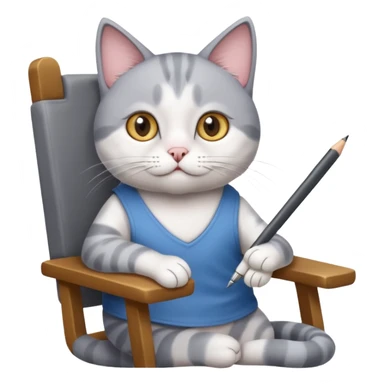 grau weiße Katze sitzt auf einem Sessel mit Stift und Block in der Hand sticker