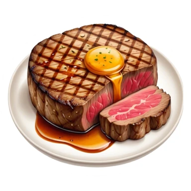 Cinematic thick-cut scotch fillet steak, perfectly seared with grill marks, a grilled center, rich and savory, warm glow, sizzling and mouthwatering, highly detailed and appetizing. sticker
