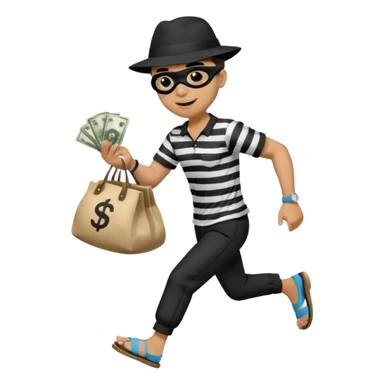 Make a man wear a black pant and he shirt is balck line and white line and wear a black hat and he holding a money bag and he running he wear a black eye thing no money in the Left hand and he yellow and the money bag in the right he wear a flip flop like this is Money bag 💰 sticker