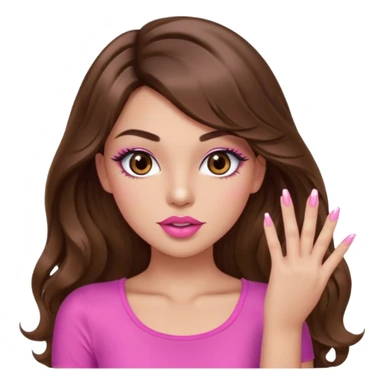 girl with long wavy brown hair, brown eyes, light to medium complexion, in a pink sexy top, pink puckered lips, long lashes, showing a manicure sticker