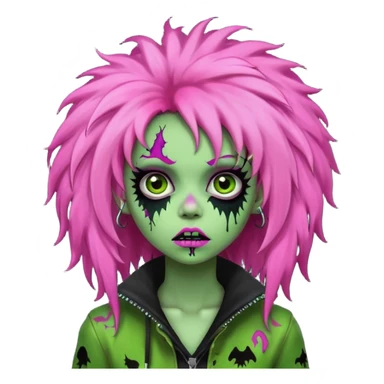 girl, green zombie,pink afro, long, emo, shaggy, dark, spooky,creepy expression sticker