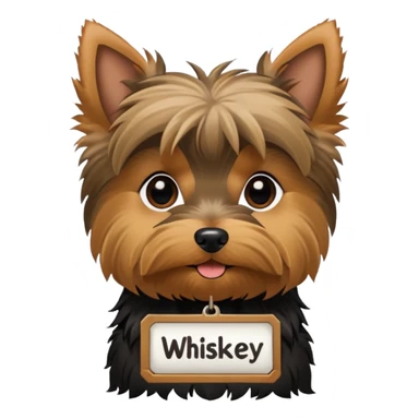 A Yorkie dog with a name tag that says "whiskey" sticker