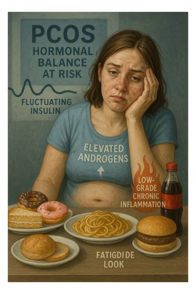 Donna tra i 25 e i 35 anni, seduta a tavola con un’espressione stanca e gonfia. Sul tavolo ci sono alimenti sbagliati per la sua condizione: dolci raffinati, pane bianco, pasta, bibite zuccherate. Intorno al suo corpo si vedono elementi simbolici che rappresentano gli effetti della PCOS peggiorata: insulina fluttuante, androgeni elevati, infiammazione bassa cronica. La sua pelle appare acneica, gonfiore addominale visibile, sguardo affaticato. Sullo sfondo, un cartello sfocato con scritto 'PCOS – equilibrio ormonale a rischio'. Stile realistico con elementi simbolici, toni freddi ma chiari sticker