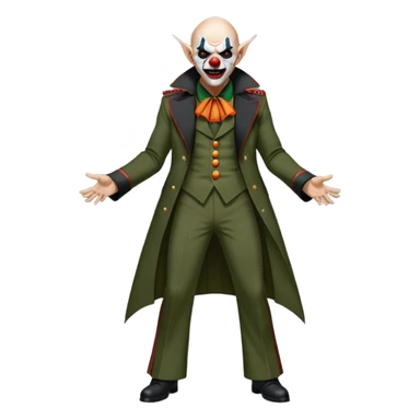 evil clown, bald, small black satan horns on forehead, fangs, pointed ears, eye patch over one eye, long coat over black and military green leisure suit with bellbottom pants, realistically proportioned, less bulky, full body, battle-ready fighting posture sticker