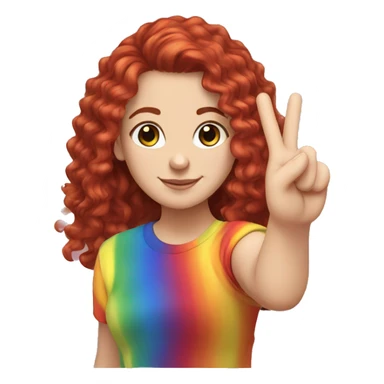 a white girl with long red curly hair in a pony tail with rainbow shirt does peace sign sticker