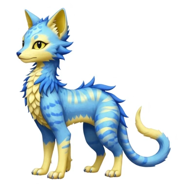 Kawaii yellow and blue beautiful pretty elegant divine edgy fantasy feline-vernid-sergal-fursona animal creature with a tufted tail full body with intricate markings  sticker