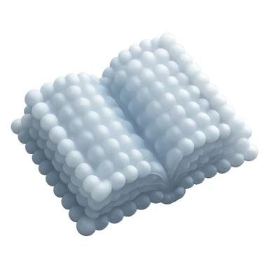 top view of a thick open book made entirely of small, very bright white fluffy convex clouds, matte glass style sticker
