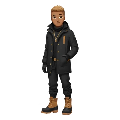 Handsome Black grown man with brown skin tone, wearing black joggers, a black weather coat, and buckwheat timberland boots, and black gloves sticker