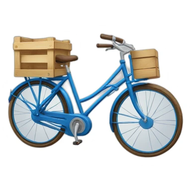 blue step-through bicycle with wooden crate on rear sticker