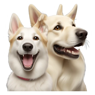 One white German shepherd dog barking and her cream golden retriever sister smiling  sticker