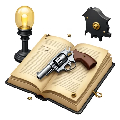 Icon for Action & Crime Reading: an open book with dramatic crime scenes—bullet holes on pages, a detective badge, a revolver and a getaway car. Surrounding elements include a flickering streetlight. Transparent background. sticker