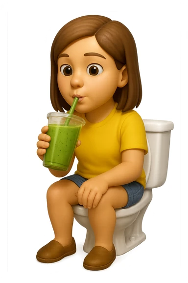 emoji stile iphone di una donna seduta sul wc che beve uno smoothies verde, iperrealistico 4k sticker