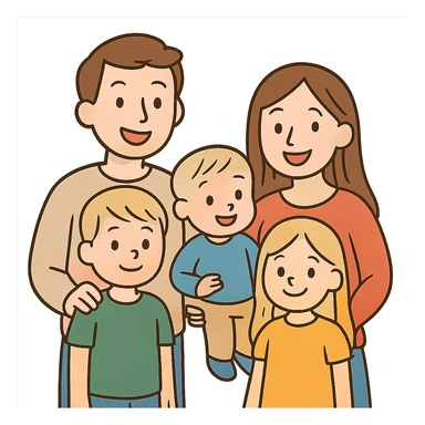 family of five: two parents with brown hair, one girl with blonde hair, one toddler boy with blonde hair, one older boy with blonde hair, friendly inclusive style sticker