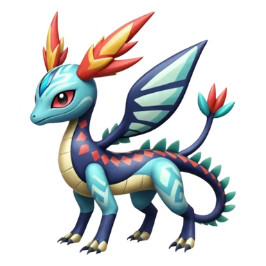 zig-zag-patterned tribal tropical hot spotted Meloetta-Dialga-Salamence-Giratina-Noivern-Pokémon-Fakémon-fusion-hybrid-creature sticker