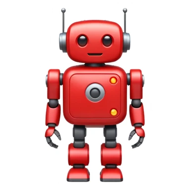emoji-style red mini robot mascot, large white play button on chest, rounded body, glowing eyes, small arms and legs, friendly and helpful, flat design sticker