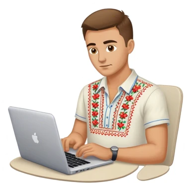 A Ukrainian guy in an embroidered shirt works at his laptop sticker