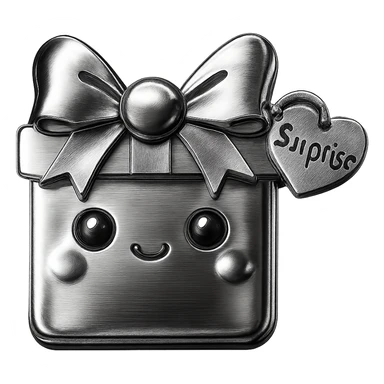 Recreate the blue heart-tagged pink gift in a chrome style, with the name 'Surprise' on the tag, no background. sticker