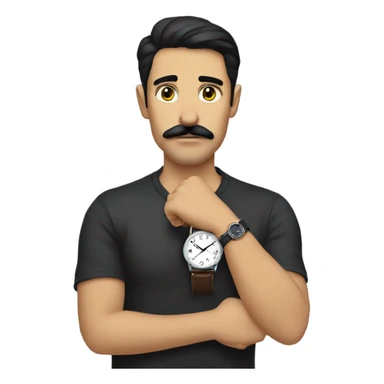dark hair dark eye man with mustache looking at wrist watch sticker