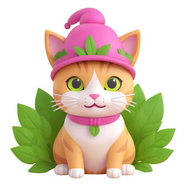 A cat with a pink hat and green leaves, light yellow background sticker