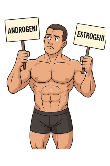 BODYBUILDER CHE TIENE LA SCRITTA "ANDROGENI" NELLA MANO DESTRA E LA SCRITTA "ESTROGENI" NELLA MANO SINISTRA, ESPRESSIONE DUBBIOSA IN VOLTO sticker