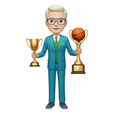 Full Body white aged male medium size wearing glasses with a goatee with light blonde and gray very short hair basketball head Coach in blue and green suit holding trophy sticker