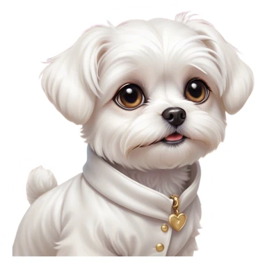 Cinematic Cute Maltese Portrait Emoji, Head tilted playfully and inquisitively, featuring a luxurious, silky white coat with a healthy sheen, round, sparkling dark eyes filled with curiosity, Simplified yet irresistibly adorable features, highly detailed, glowing with a warm, friendly glow, high shine, affectionate and lively, stylized with a touch of whimsy, bright and endearing, soft glowing outline, capturing the essence of a mischievous yet loving companion, so playful it feels like it could scamper out of the screen and into your arms! sticker