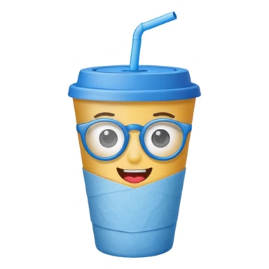 drink in a paper cup and straw, the cup has eyes and mouth and glassess sticker