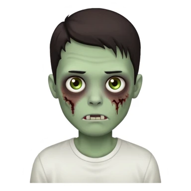 Um garoto zombie de cabelo castanho escuro, quase preto, com um cabelo médio, com olhos castanhos esverdeados, de camisa branca sticker
