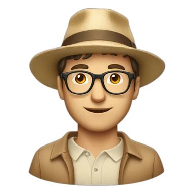 European guy with a beige hat, a red polo and glasses sticker