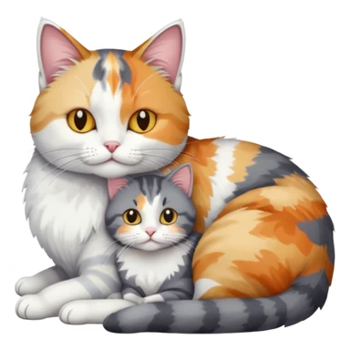 full body colourful light patched calico + white tabby cat cuddling a grey and white cat  sticker