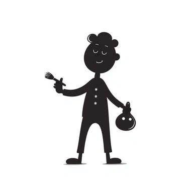 A paintbrush morphing into a metal human figure silhouette, representing artistic identity sticker