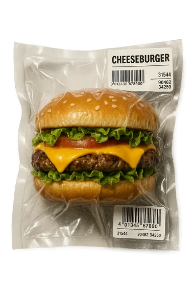 vacuum-sealed cheeseburger, tightly wrapped and glossy sticker