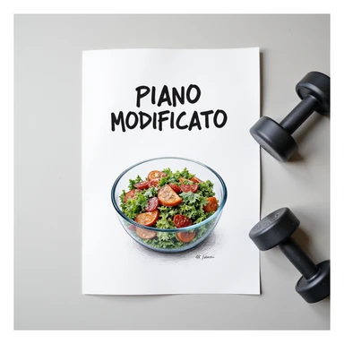 white sheet of paper with the text 'PIANO MODIFICATO', a hyperrealistic 4K drawing of a salad bowl and gym dumbbells, no background sticker
