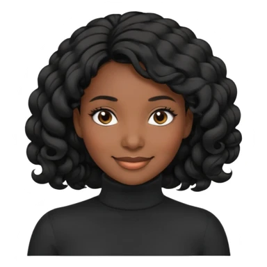 Create a custom emoji-style character inspired by a smiling black woman with curled black hair, dark skin tone, dark eyes, and wearing a turtleneck.  sticker