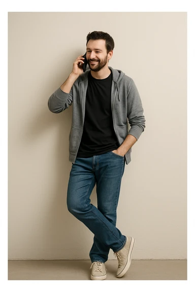 A man leaning against a wall, on the phone, tapping his foot, casual clothing, plain background. sticker