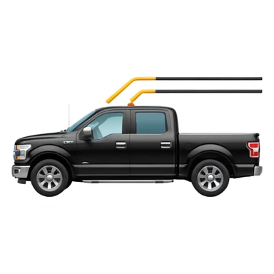 A simple emoji-style icon of a black F150 pickup truck driving on a road with motion lines behind it, viewed from the side, shiny black color with chrome details, minimal flat design, vibrant colors, transparent background sticker