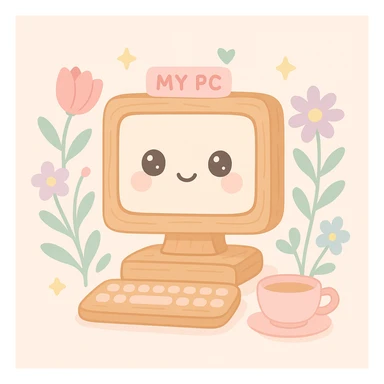 'My PC' icon in cottagecore style: old-fashioned wooden desktop computer surrounded by wildflowers, leaves, and a teacup, gentle sunlight, vintage pastoral vibe sticker