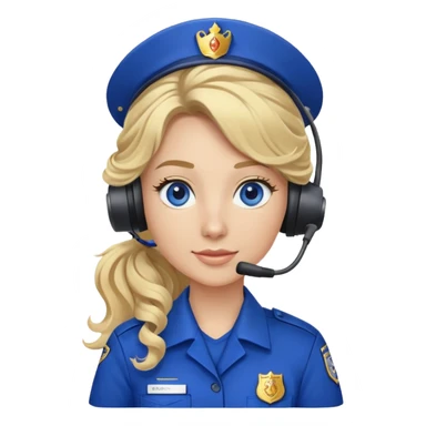911 dispatcher wearing royal blue uniform with long blonde curly ponytail and blue/gray eyes sticker