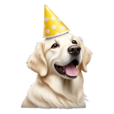 White golden retriever wearing polka dot party hat sticker