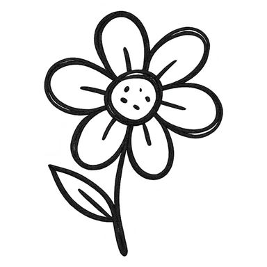 A hand-drawn, black outlined icon of a flower with no fill, simple and clean sticker