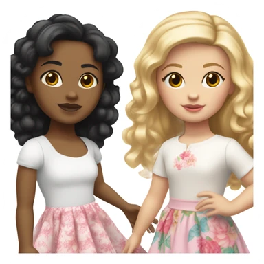  one  girl with short straight black hair and pale skin with white shirt and pink skirt on, one American girl with long curly dirty blond hair and a floral dress on.  Both are friends sticker