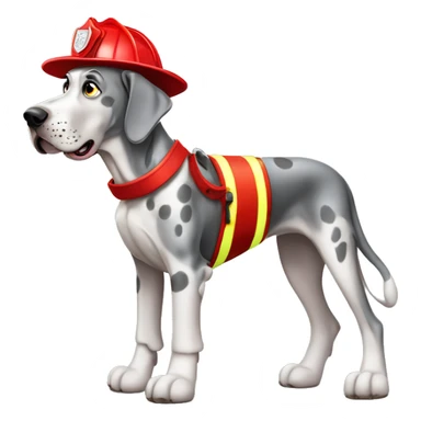 Merle grey Great Dane wearing a red fire fighter hat  sticker