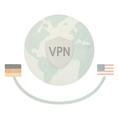 VPN globe icon showing a connection from Germany to the USA, watercolor style, no text, suitable for Instagram Reel sticker